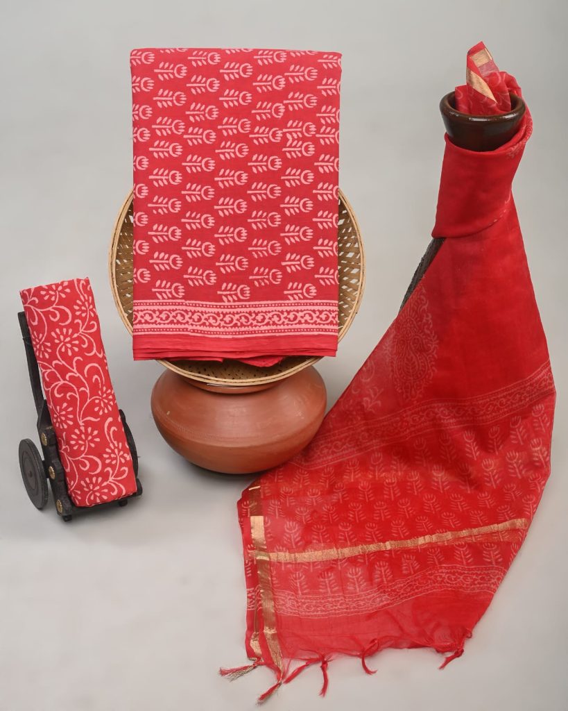 Amaranth red cotton suit with organza dupatta