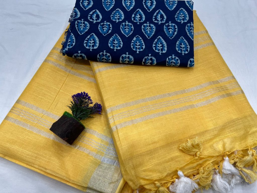 Amber yellow plain linen saree with cotton blouse