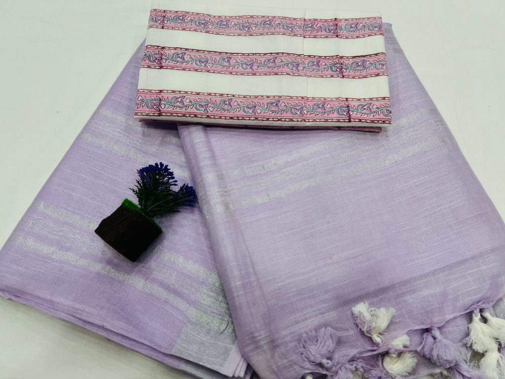 Daily wear Lilac color plain linen saree