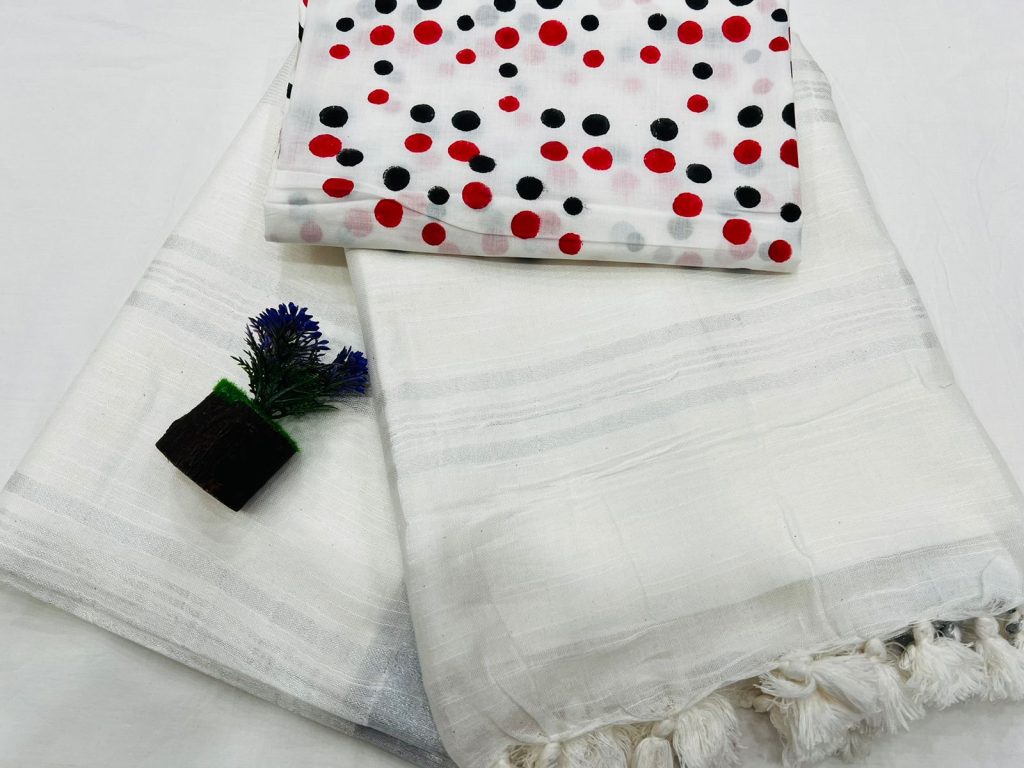 Pure white daily wear linen saree