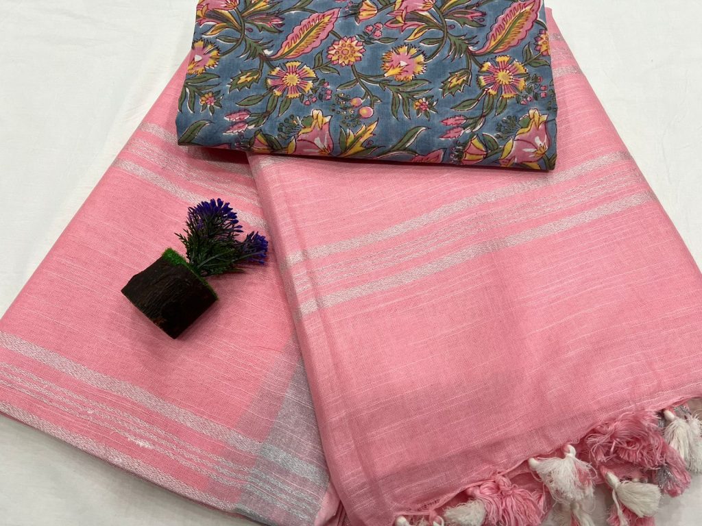 Brink pink daily wear plain linen saree