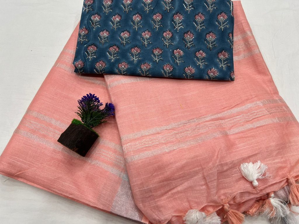 Daily wear Light salmon pink plain linen saree
