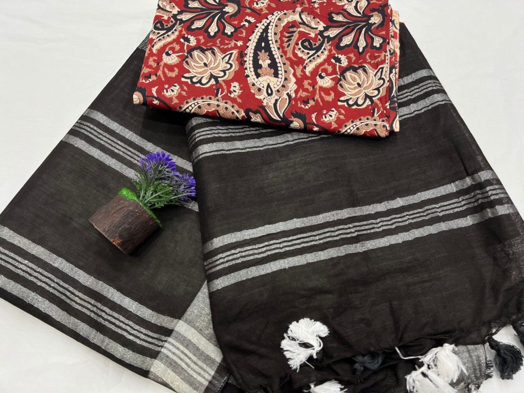 Black plain linen saree with red cotton blouse