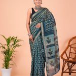 Blue-green block printed maheshwari silk saree