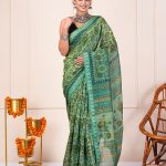 Celadon green block printed maheshwari silk saree
