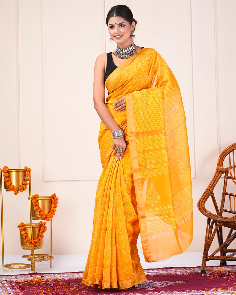 Amber color printed maheshwari silk saree