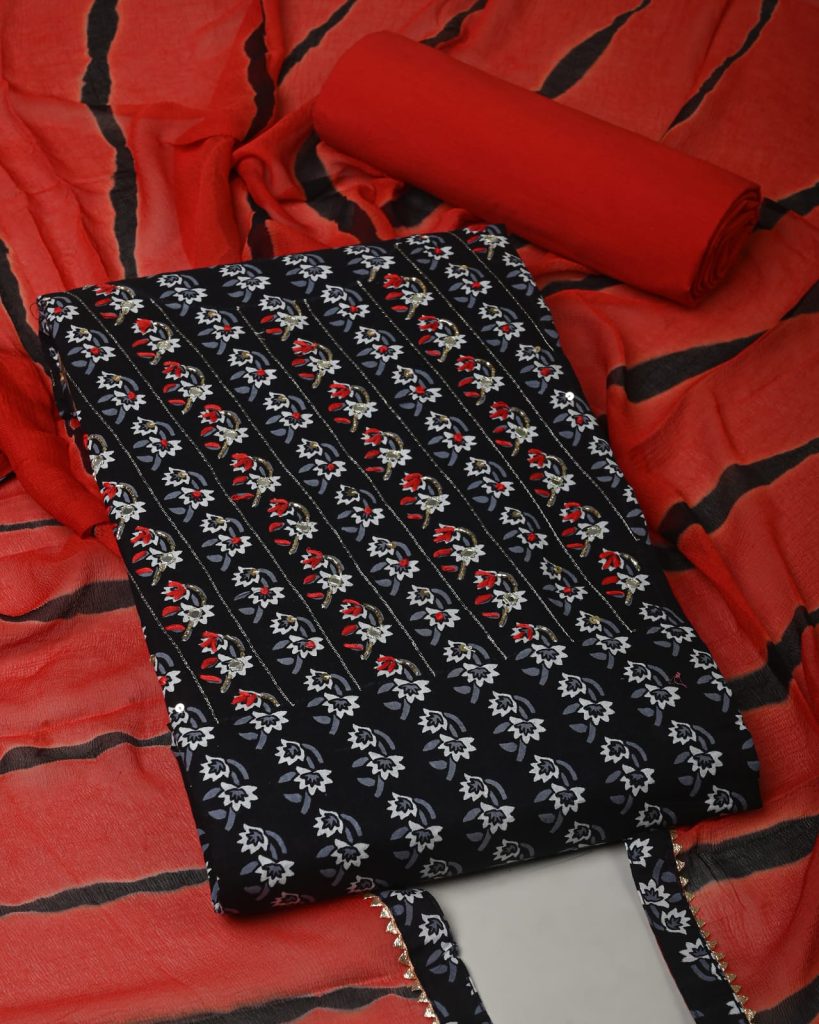 Black cotton party wear churidar materials online with chiffon dupatta