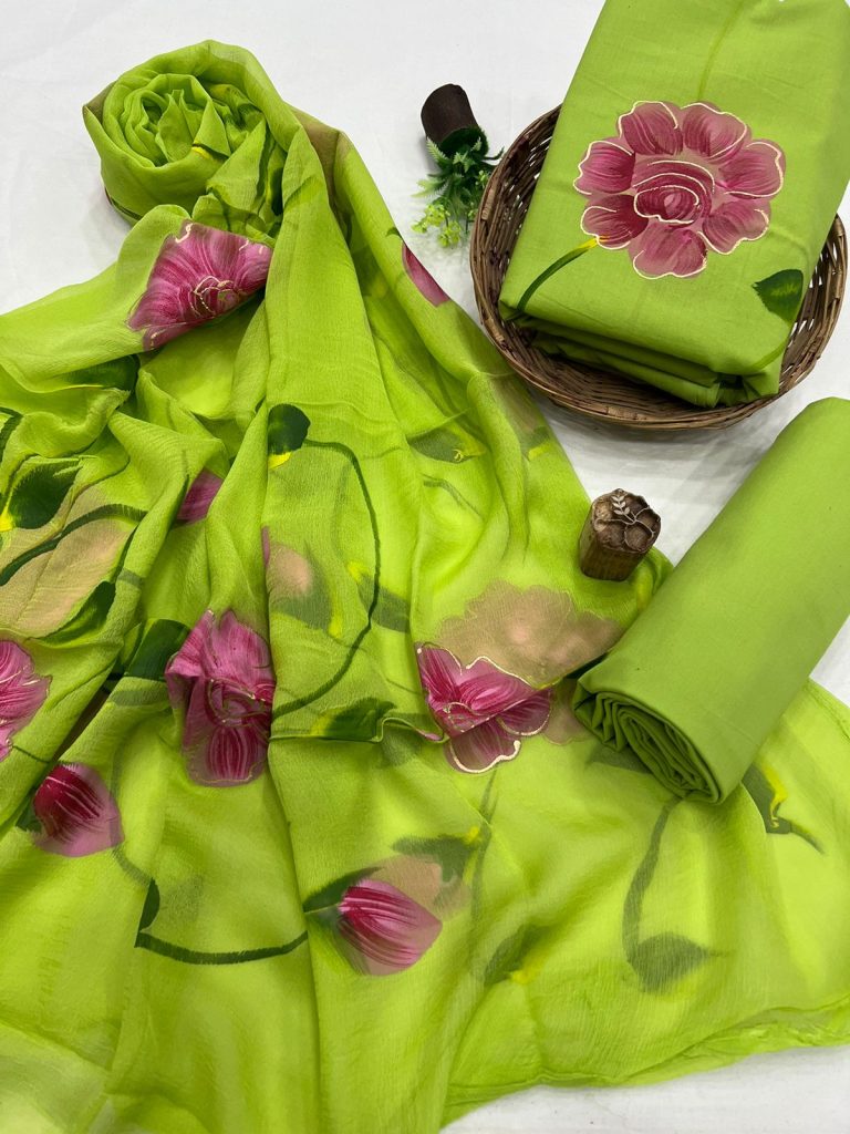 Floral hand painted Green-yellow chiffon dupatta dress material