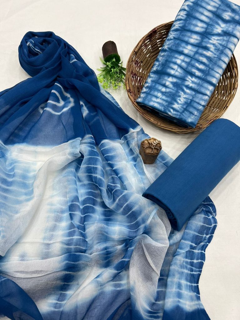 Cobalt blue shibori print cotton dress material with chiffon dupatta
