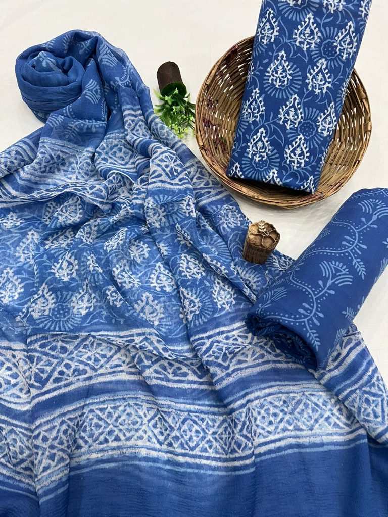 Cerulean blue discharge print cotton dress material with chiffon dupatta