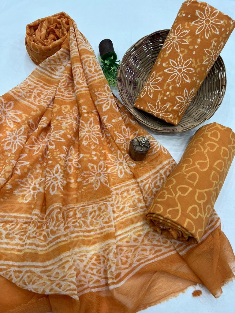Bronze color discharge print cotton dress material with chiffon dupatta