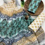 Robin egg blue block printed cotton dress material with chiffon dupatta