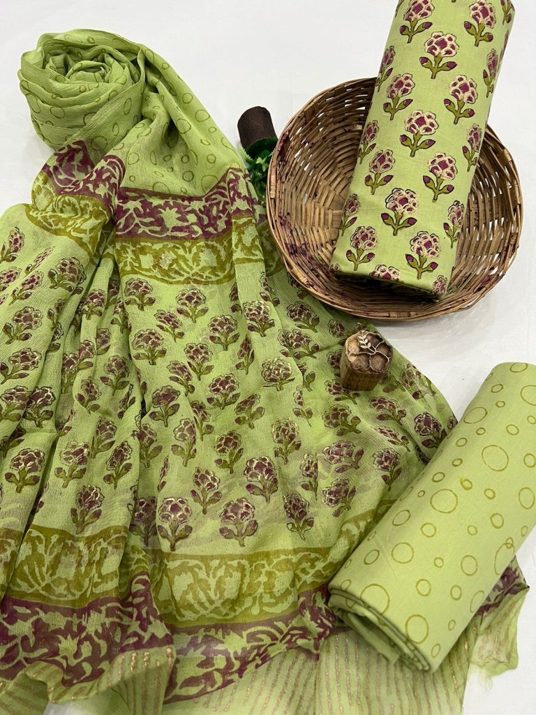 Medium spring bud printed cotton dress material with chiffon dupatta