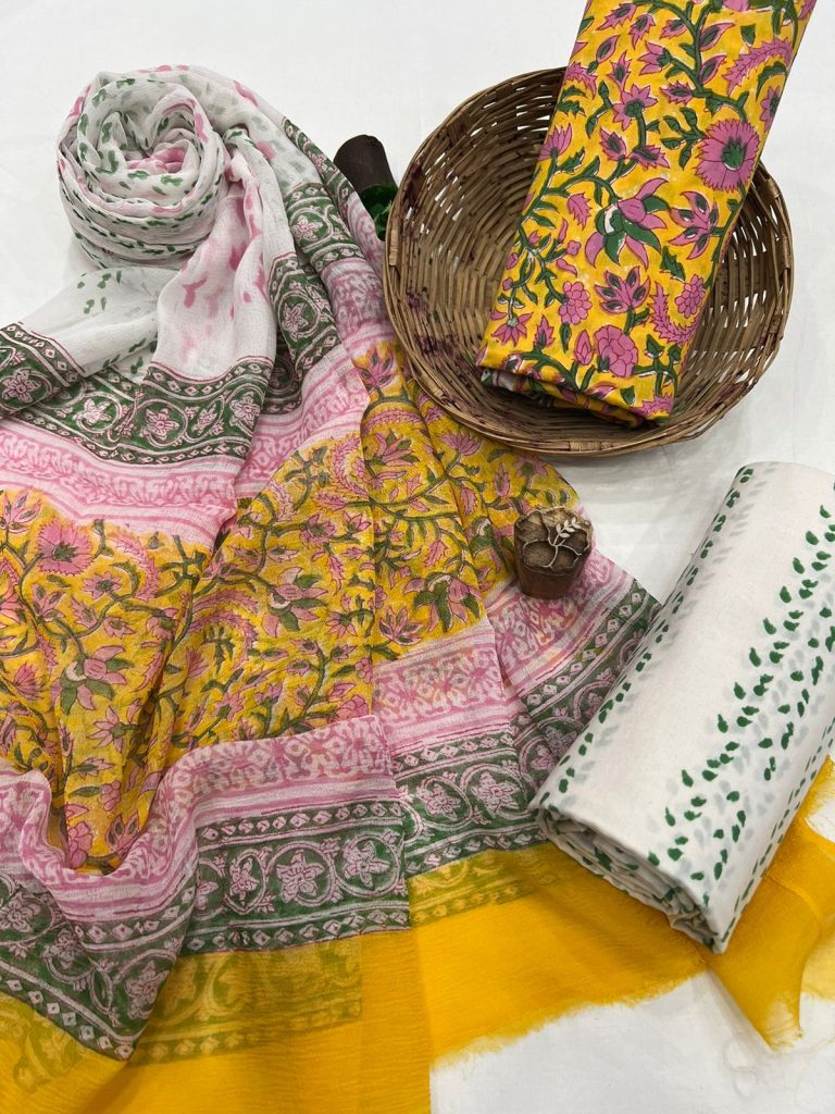 Amber yellow floral printed cotton dress material with chiffon dupatta