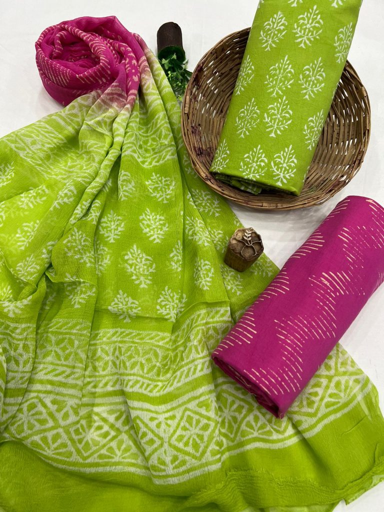 Citron color block printed cotton dress material with chiffon dupatta