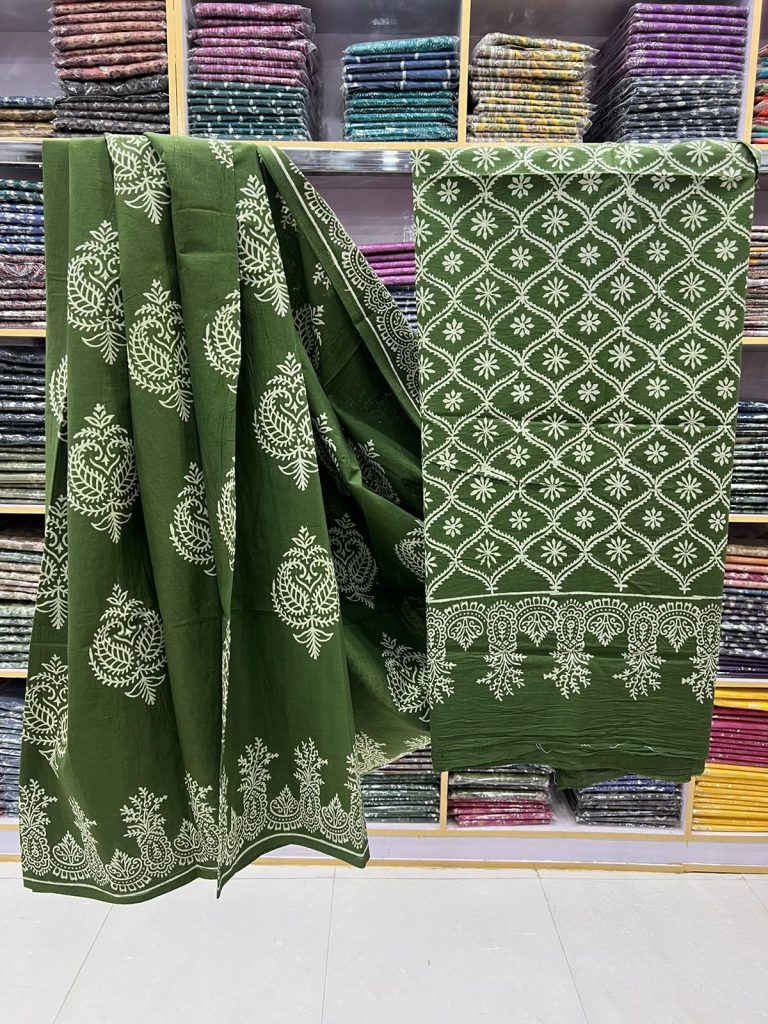 Amazon green hand block printed cotton saree
