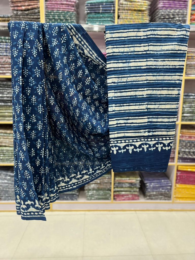 Bagru indigo color soft cotton saree for women
