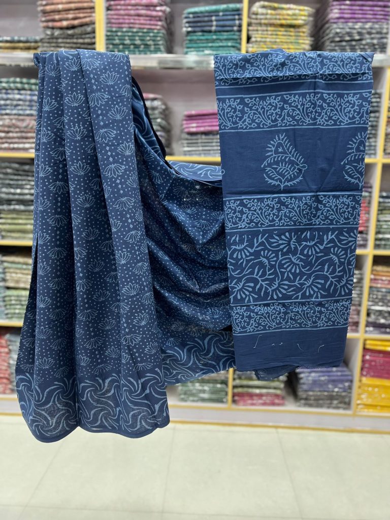 Cobalt blue natural hand block printed cotton saree
