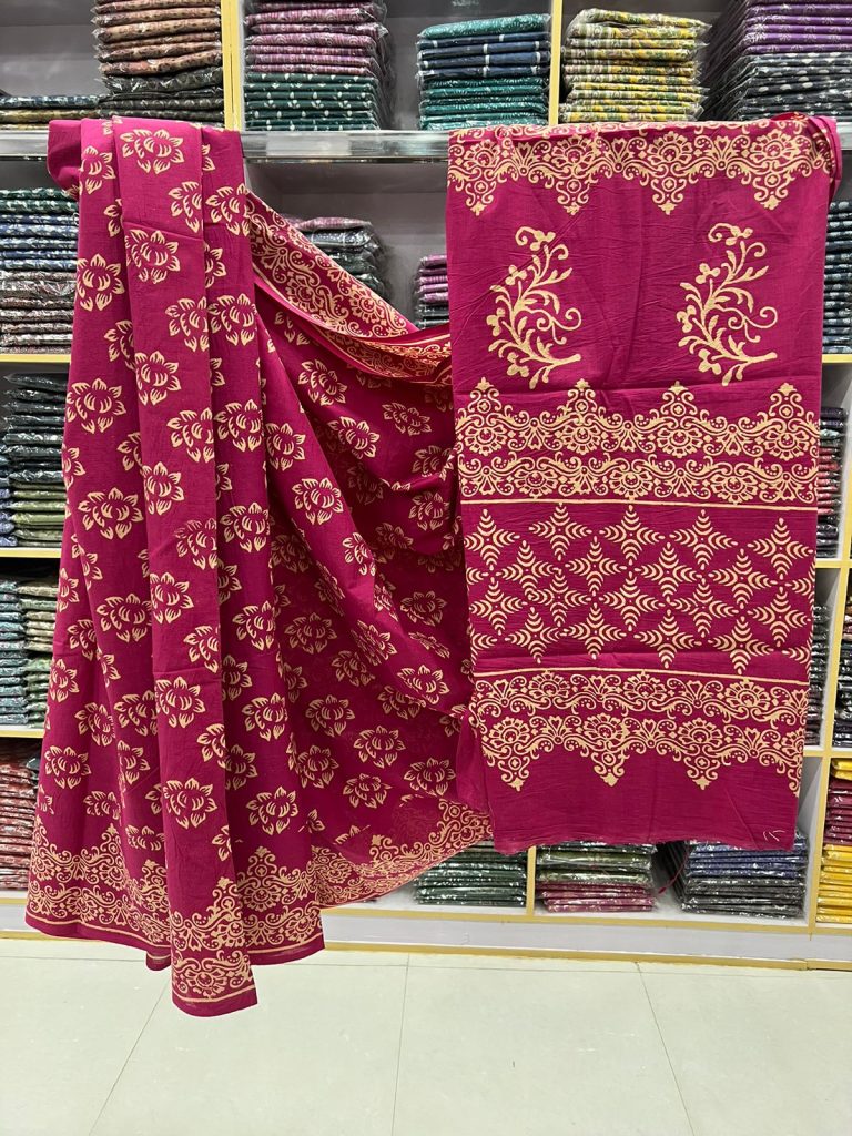 Flirt pink block printed cotton saree