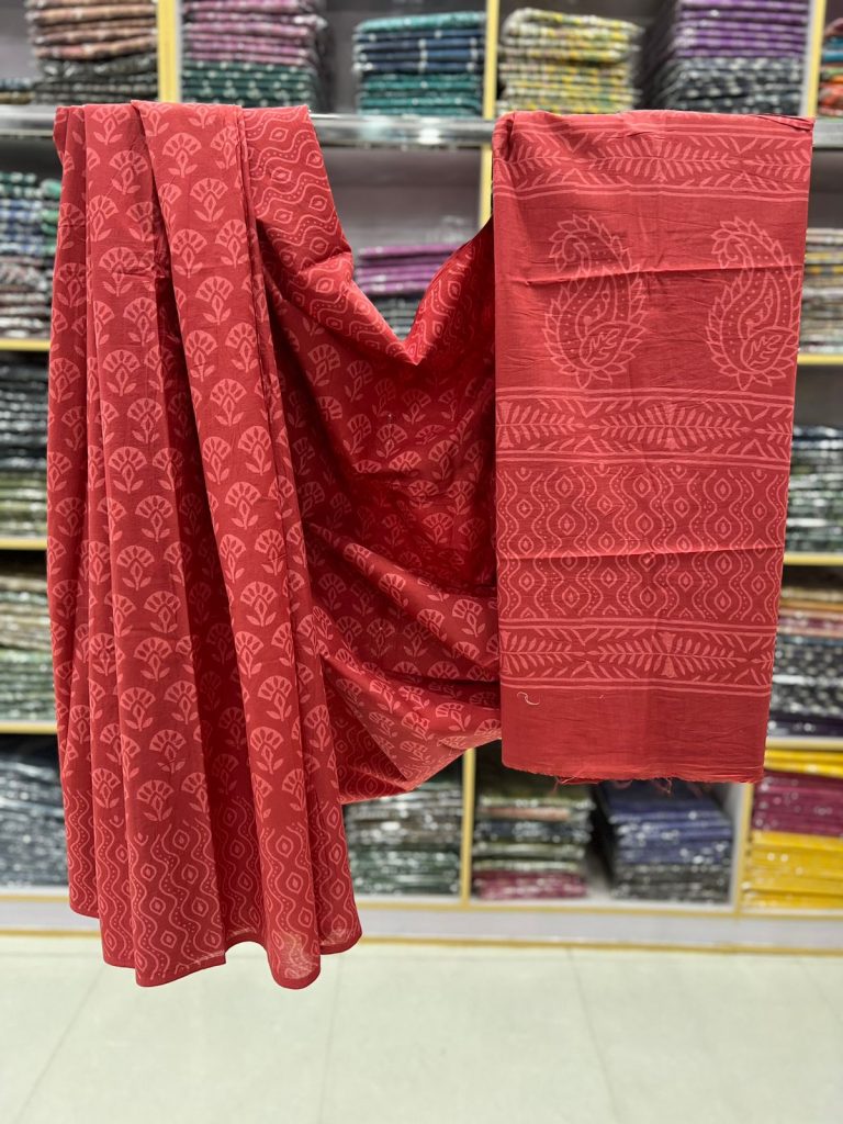 Firebrick natural color cotton saree