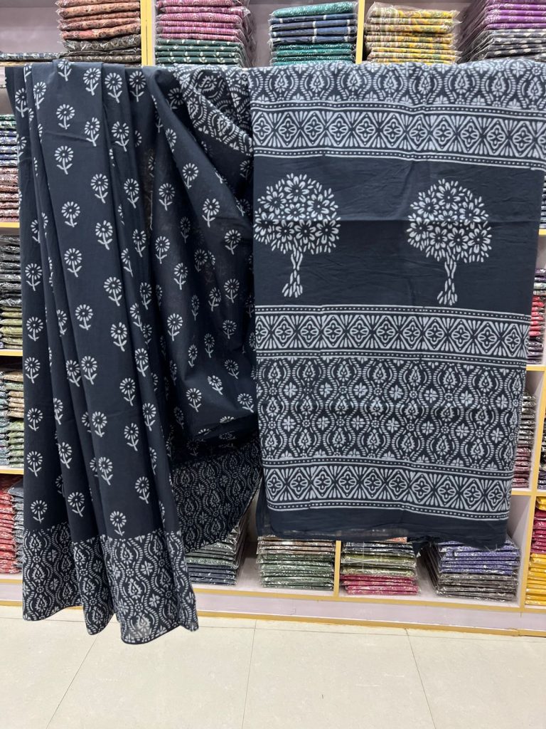 Charcoal black hand block print soft cotton saree