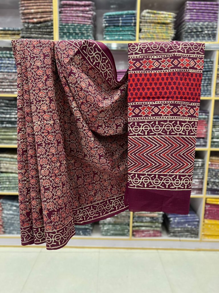 Claret color hand block printed cotton saree
