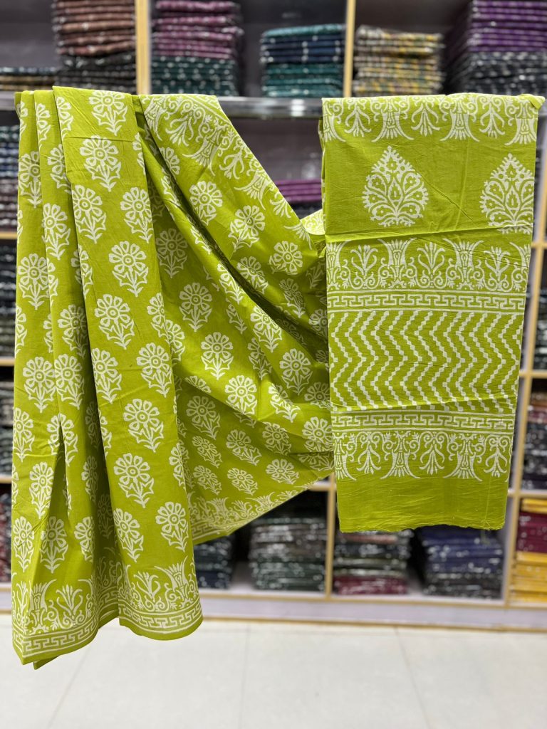 Electric lime natural color block printed cotton saree
