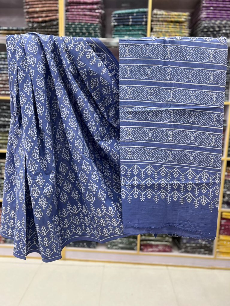 Ultramarine blue block printed soft mulmul saree