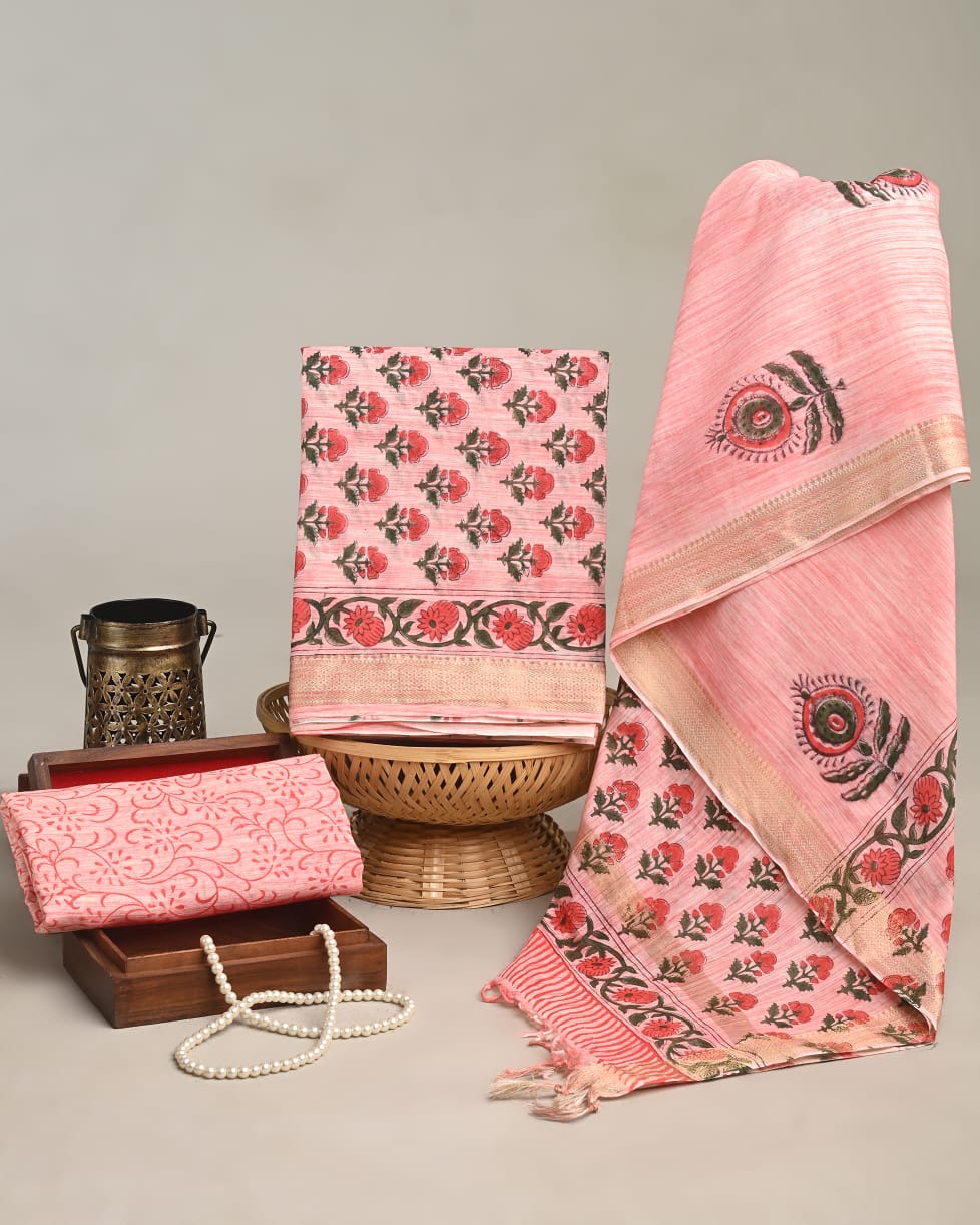 Coral pink Pochampalli cotton maheshwari zari border dress material