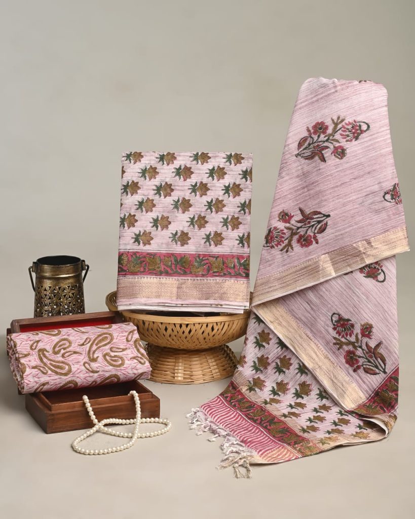 Carnation pink Pochampalli cotton maheshwari zari border dress material