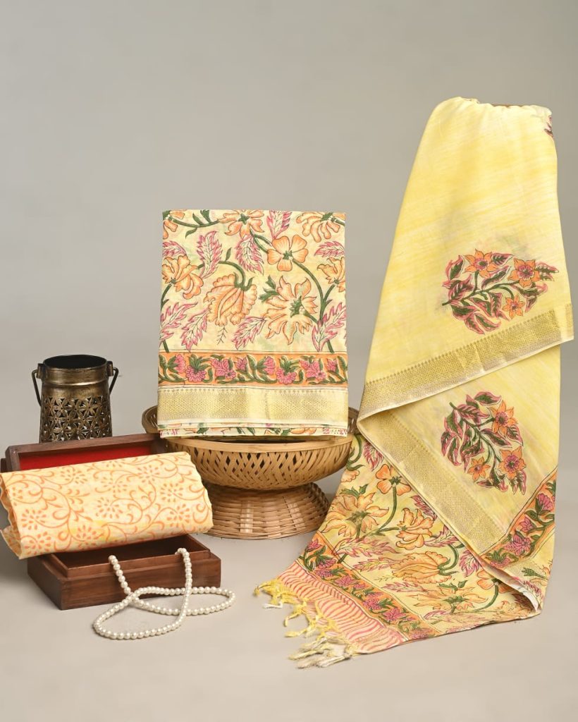 Lite Canary Pochampalli cotton maheshwari zari border dress material