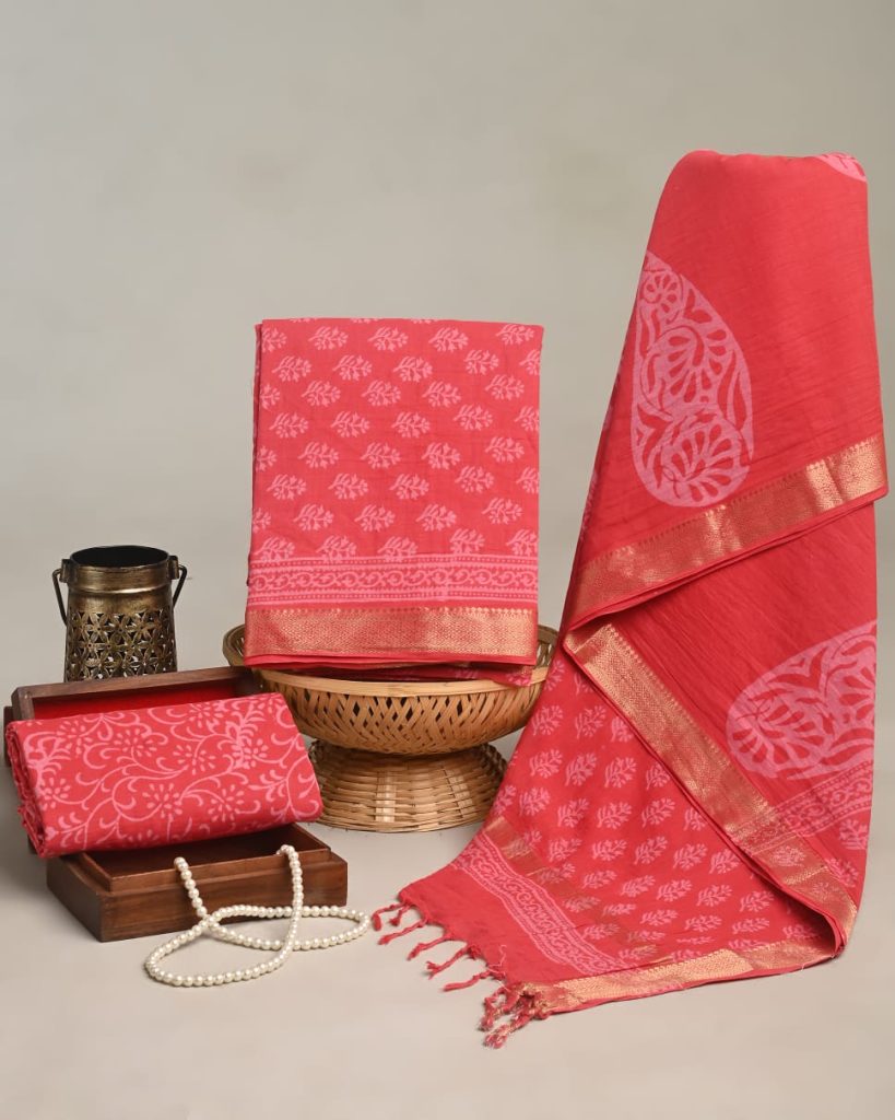 Crimson cotton maheshwari zari border dress material