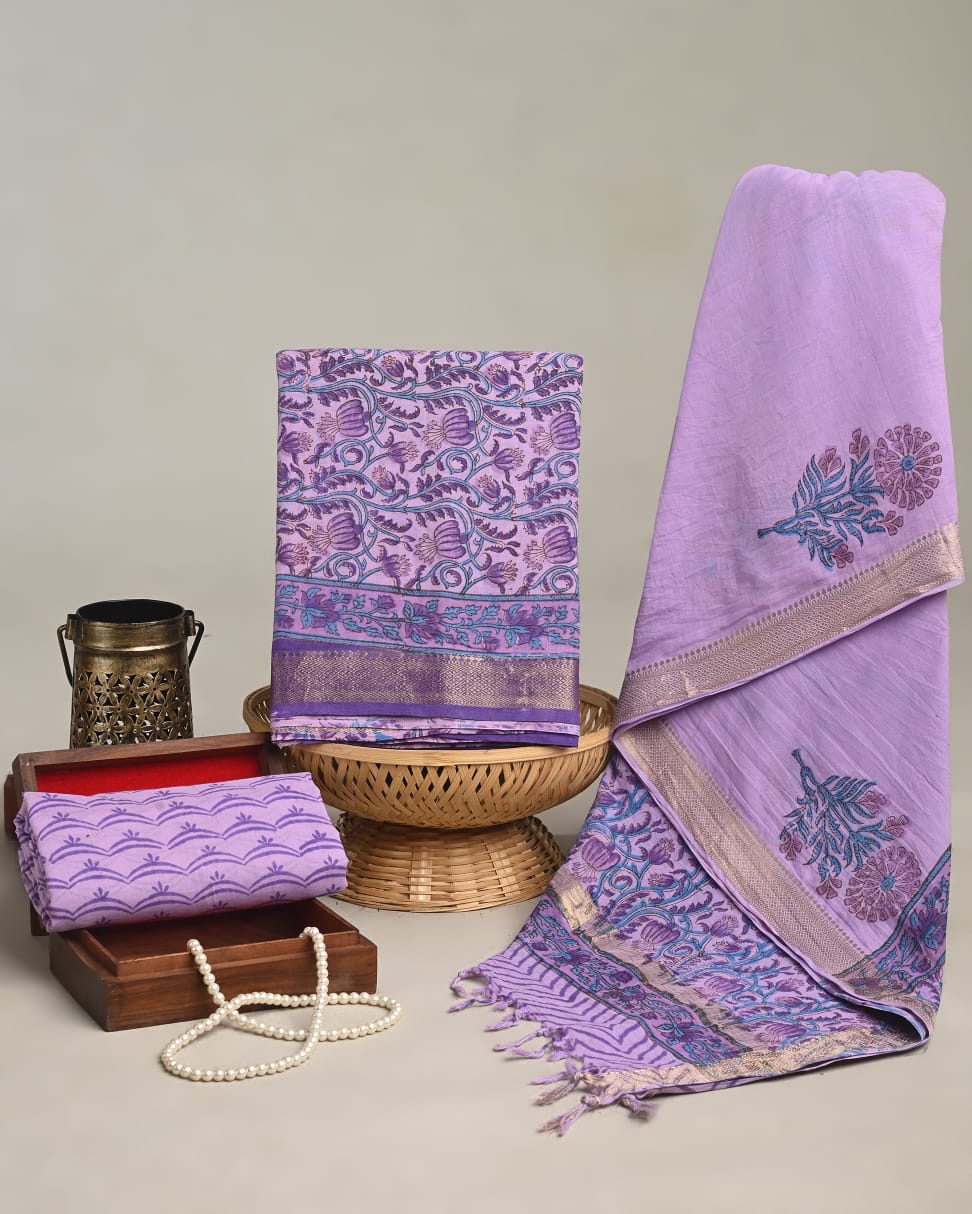 Lavender cotton maheshwari zari border dress material