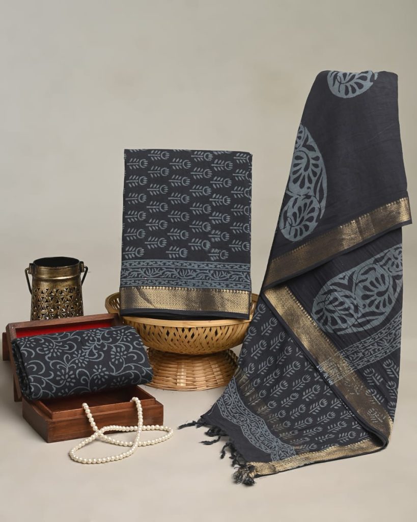 Black cotton maheshwari zari border dress material