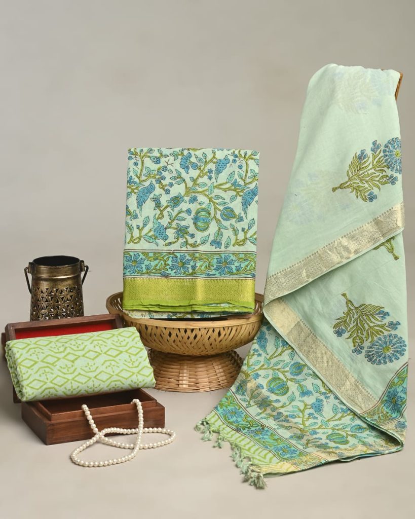 Celadon green cotton maheshwari zari border dress material
