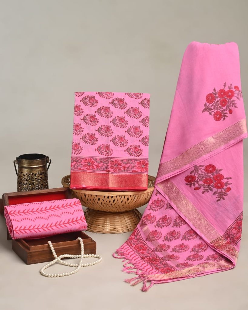Hot pink cotton maheshwari zari border dress material