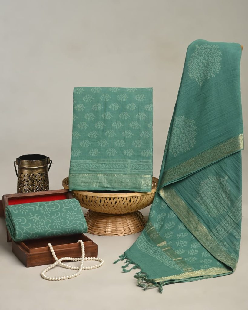 Jungle green cotton maheshwari zari border dress material