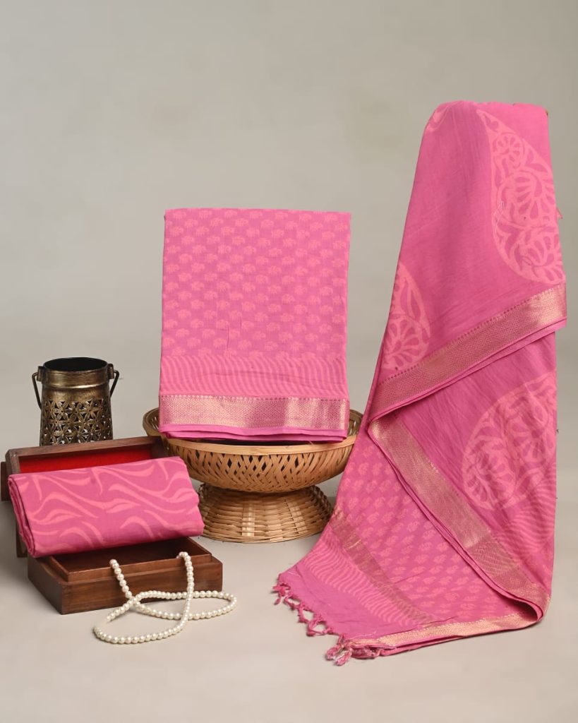 Brink pink cotton maheshwari zari border dress material