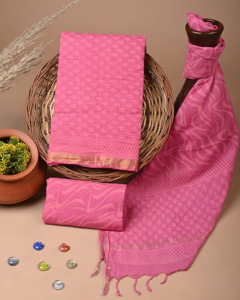 Blush pink Pochampalli cotton chanderi border suit