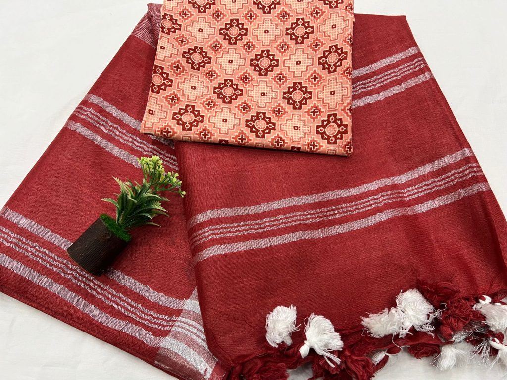 Firebrick plain linen ladies saree with cotton blouse