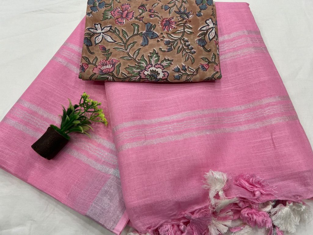 Carnation pink plain linen saree with cotton blouse
