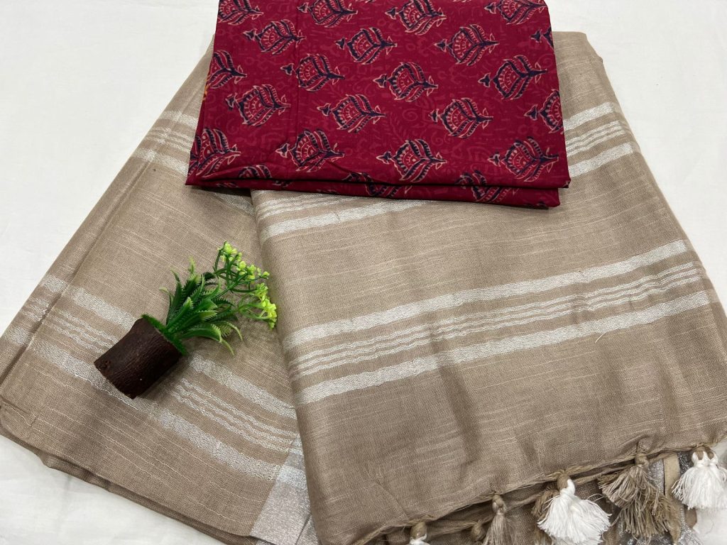 Khaki color plain linen saree with red cotton blouse