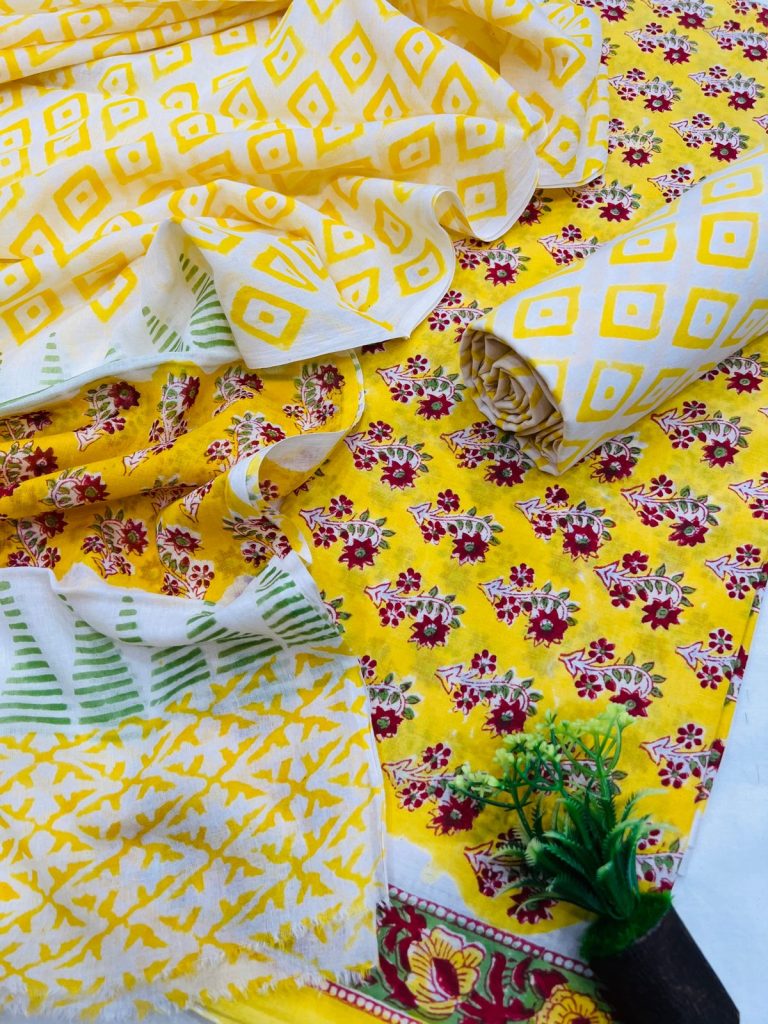 Canary yellow buy cotton suits online with cotton dupatta