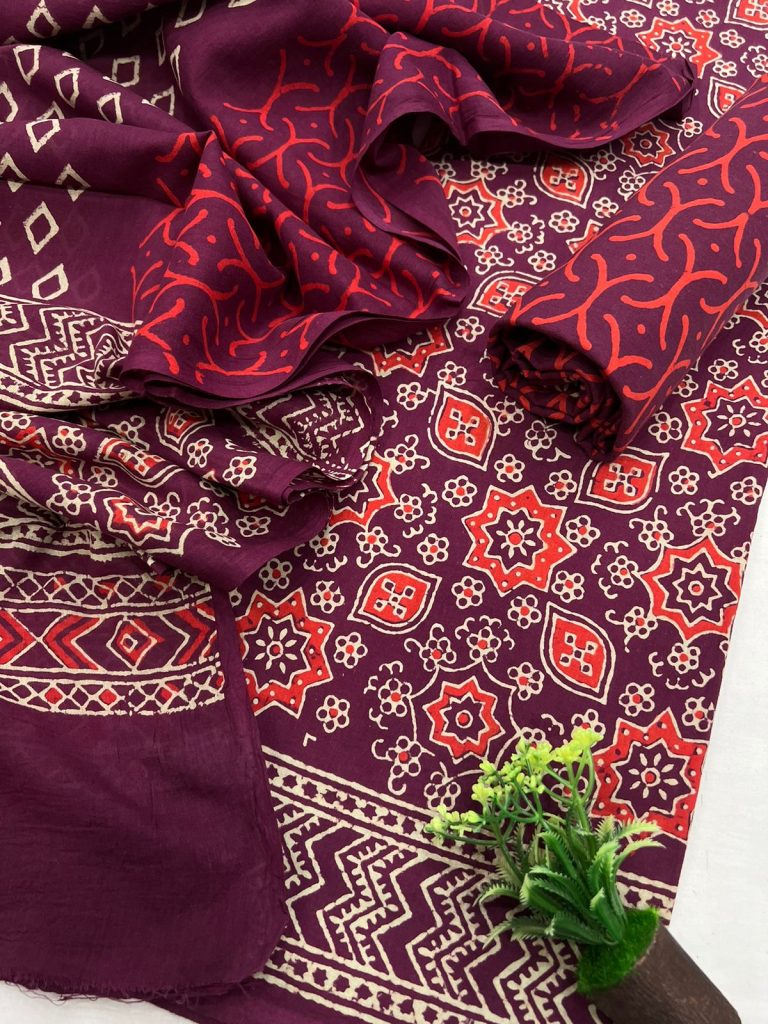Burgundy printed suit in cottons jaipur online
