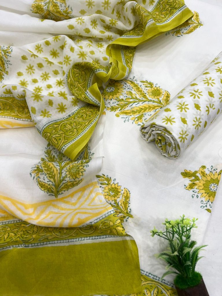 White Citron printed cotton fabric online with cotton dupatta