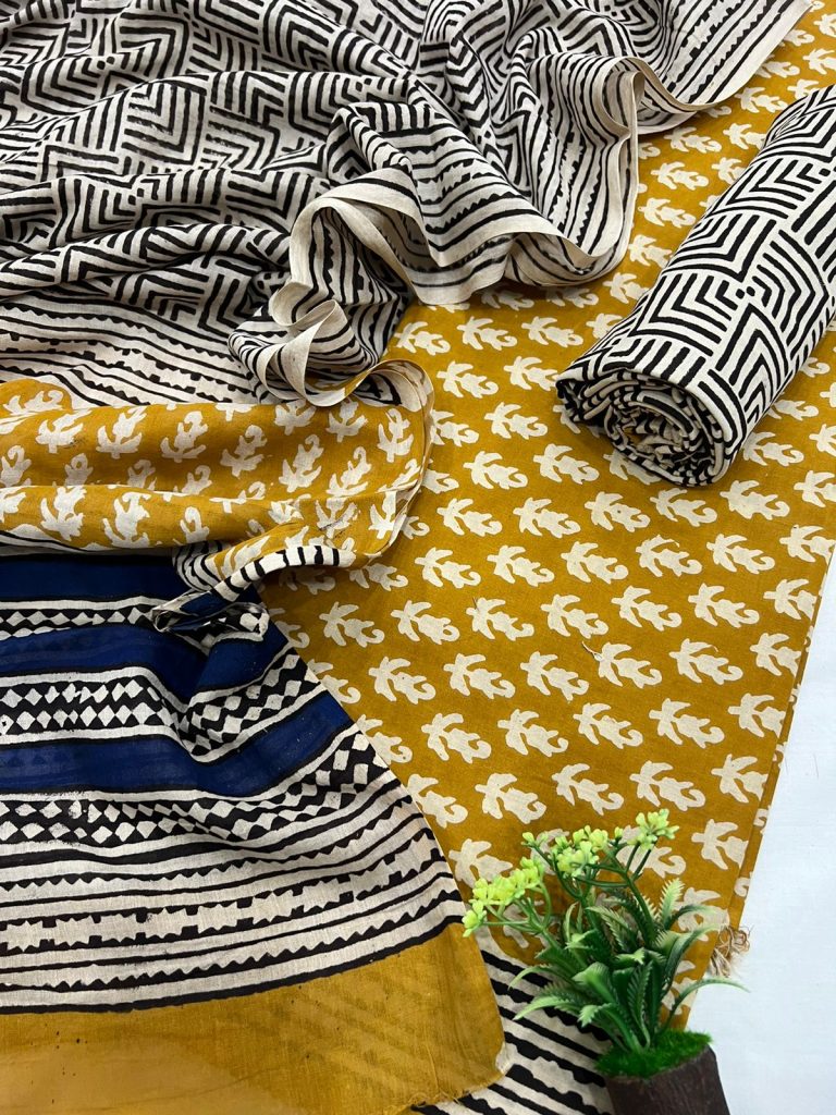Goldenrod bagru printed cotton fabric online india with cotton dupatta