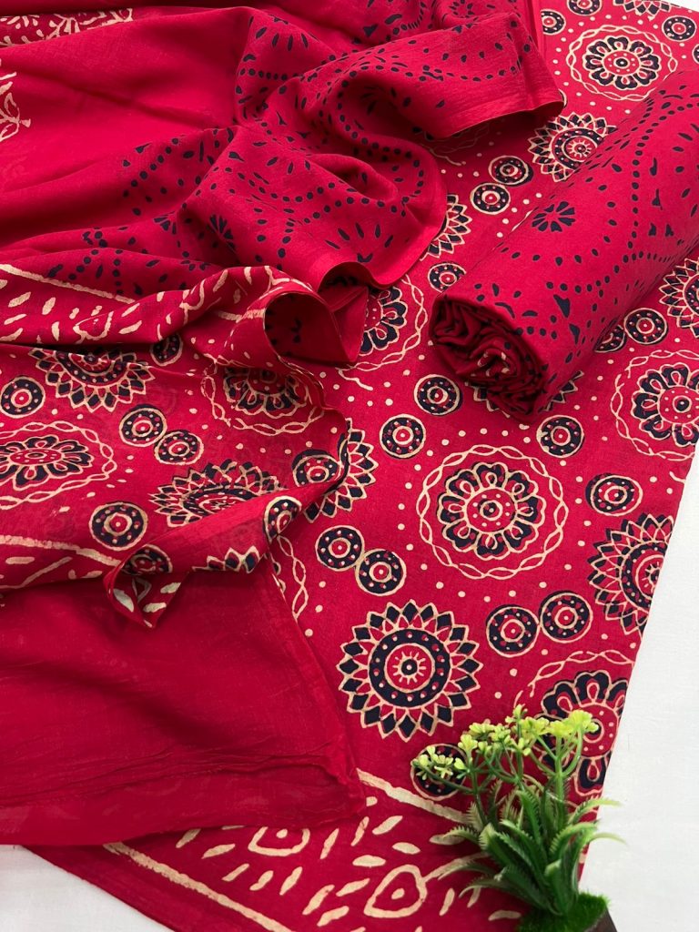 Alizarin red printed cotton suit material with cotton dupatta