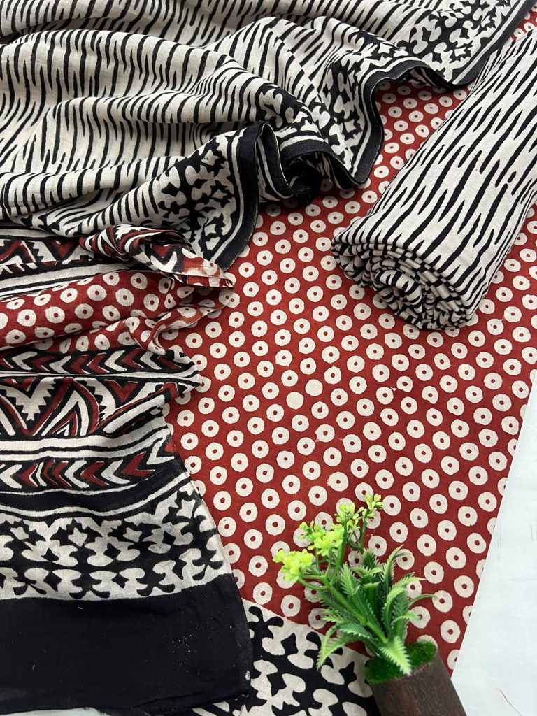 Red bagru print buy cotton fabric online india with cotton dupatta