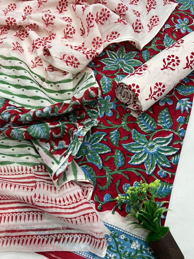Carmine red printed cotton fabric with mulmul dupatta