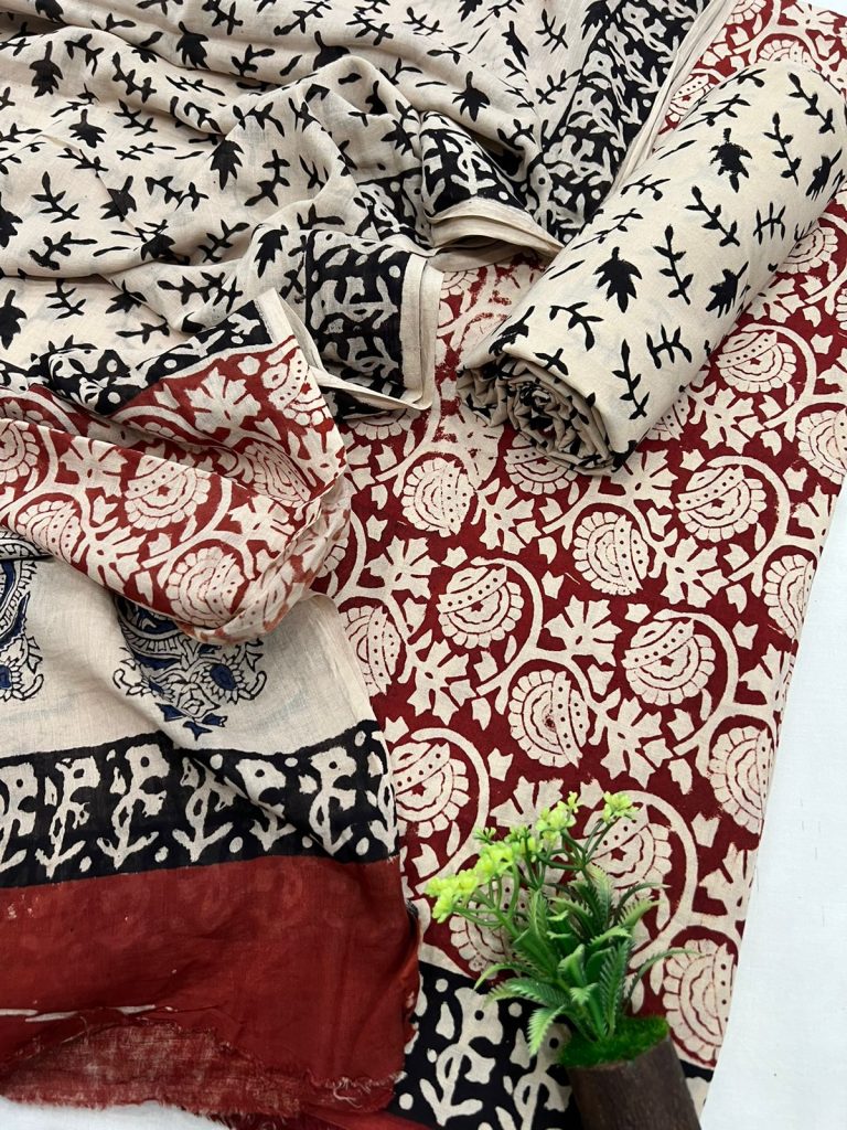 Red bagru print cotton churidar material with cotton dupatta